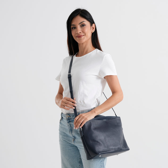 Genuine Leather Satchel Bag with Adjustable Shoulder Strap - Dark Blue 8615694 2