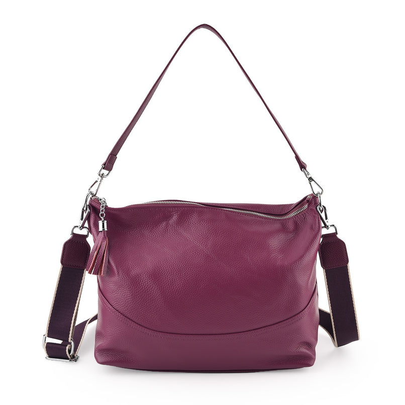 Genuine Leather Slouchy Convertible Shoulder & Crossbody Bag - Purple_8615741
