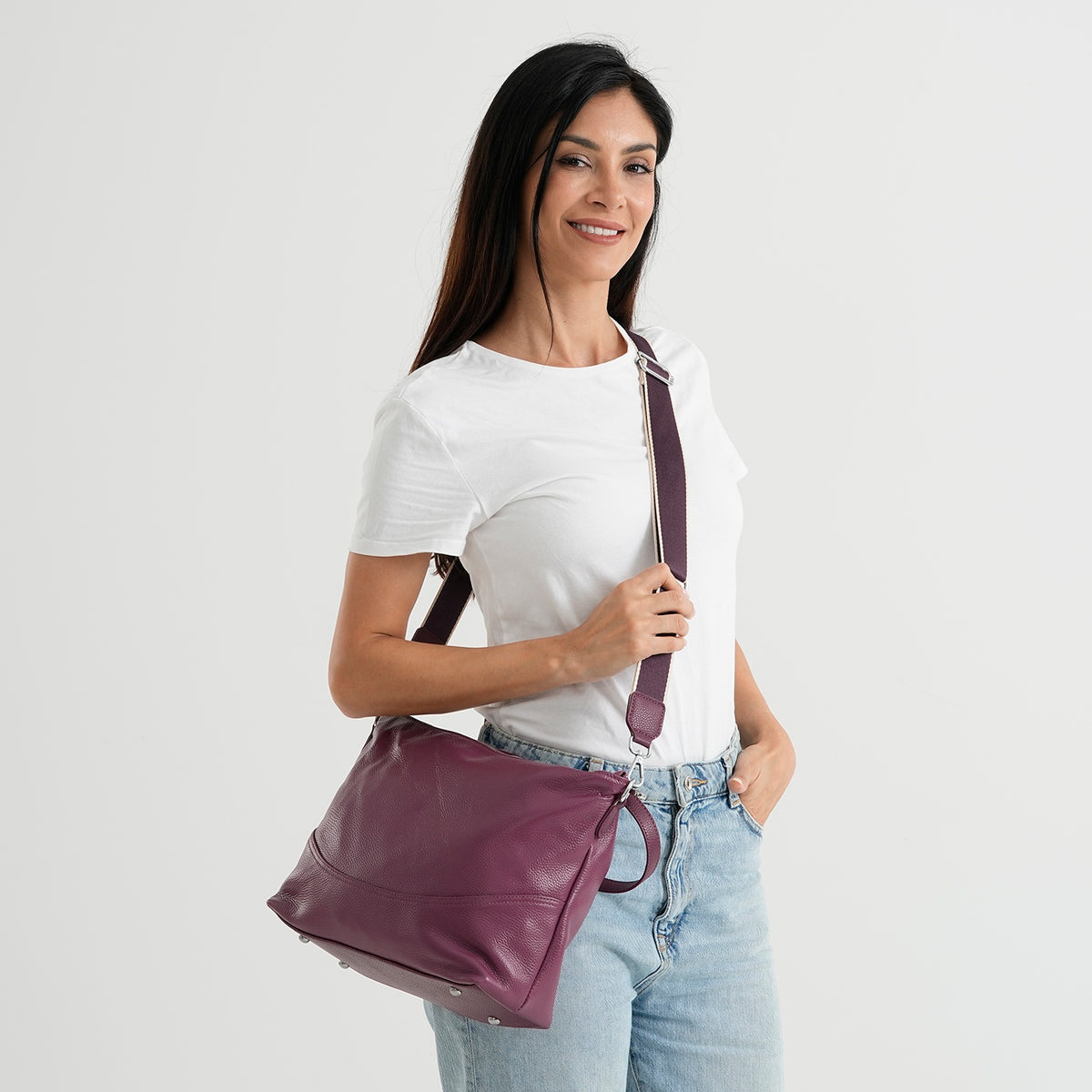 Genuine Leather Slouchy Convertible Shoulder &amp; Crossbody Bag - Purple V32636198 2