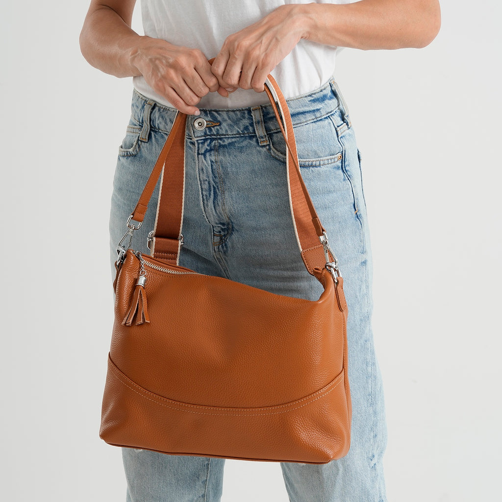 Genuine Leather Slouchy Convertible Shoulder & Crossbody Bag - Tan_8615742_2
