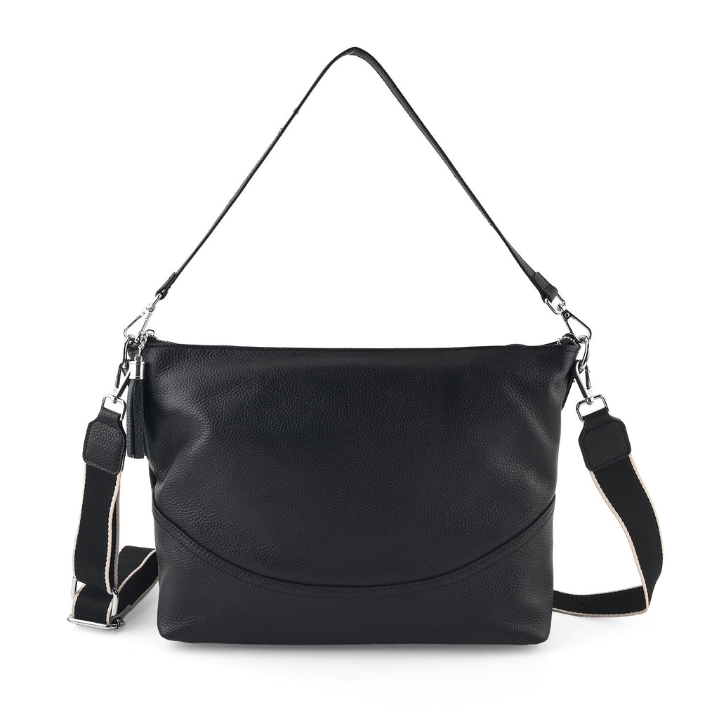 Genuine Leather Slouchy Convertible Shoulder & Crossbody Bag - Black_8615743