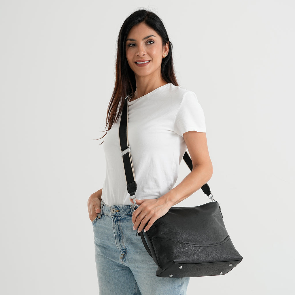 Genuine Leather Slouchy Convertible Shoulder & Crossbody Bag - Black_8615743