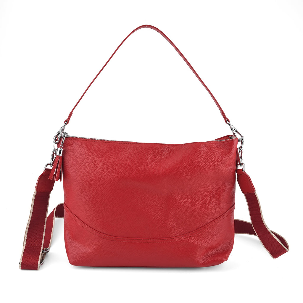 Womens Genuine Leather Slouchy Hobo Convertible Shoulder & Crossbody Bag - RED_8615744