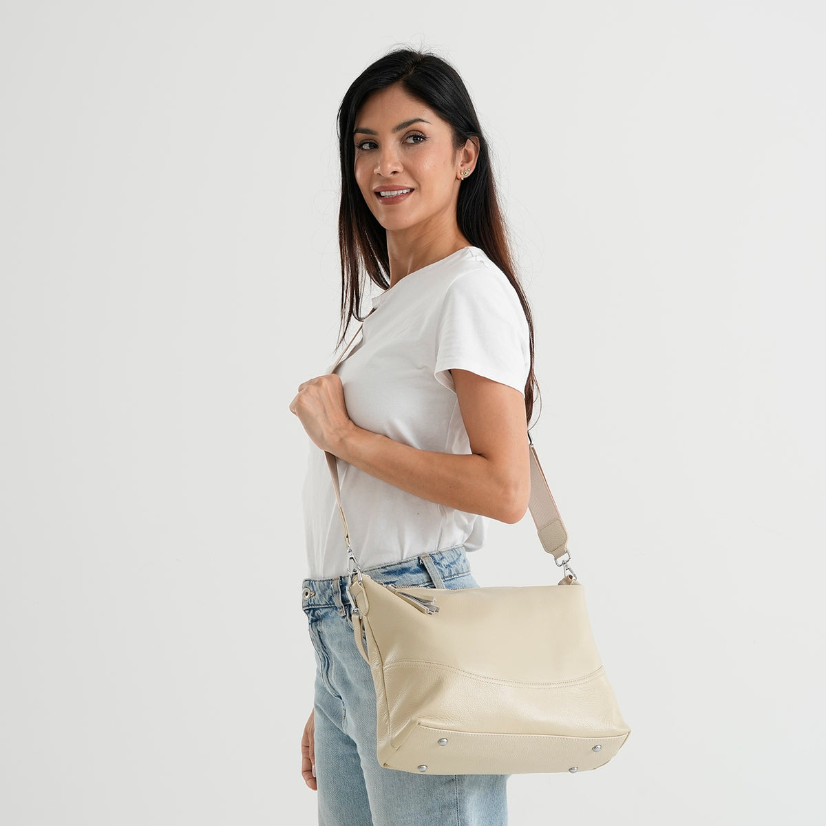 Genuine Leather Slouchy Convertible Shoulder &amp; Crossbody Bag - Cream V32643036 2