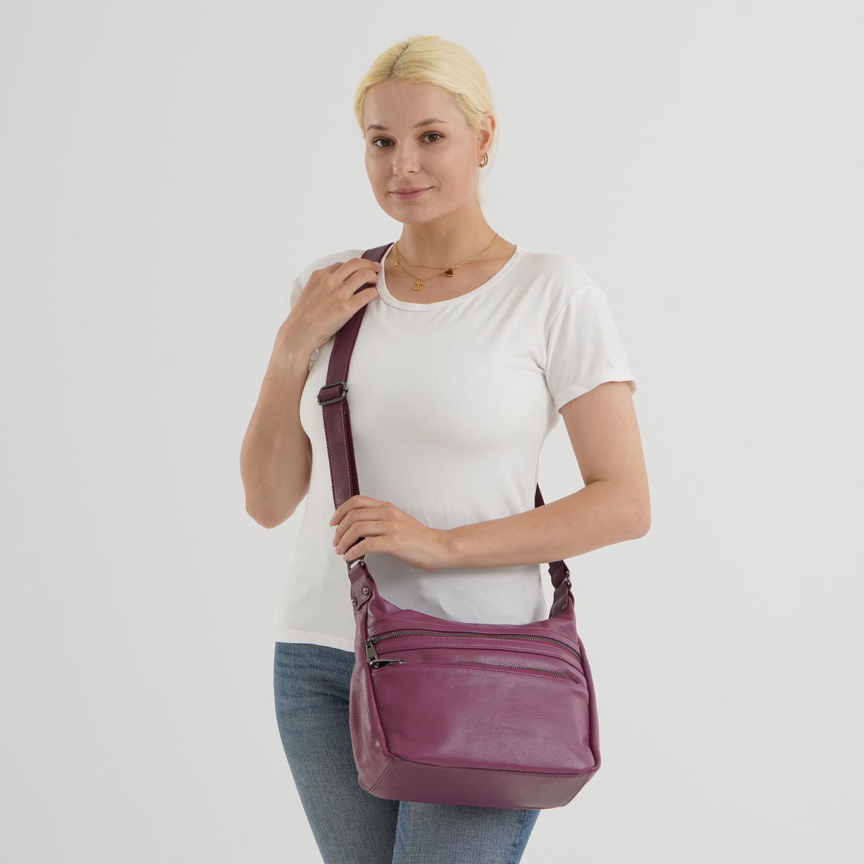 Genuine Leather Multi Pocket Crossbody Bag - Tyrian Purple V32514727 2
