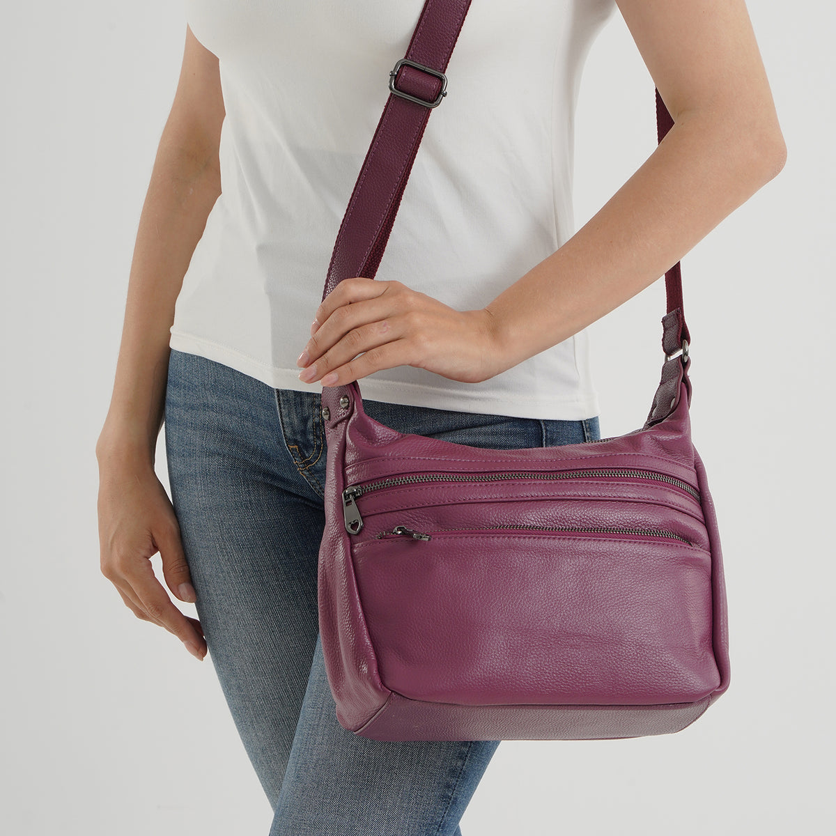 Genuine Leather Multi Pocket Crossbody Bag - Tyrian Purple V32514727 3