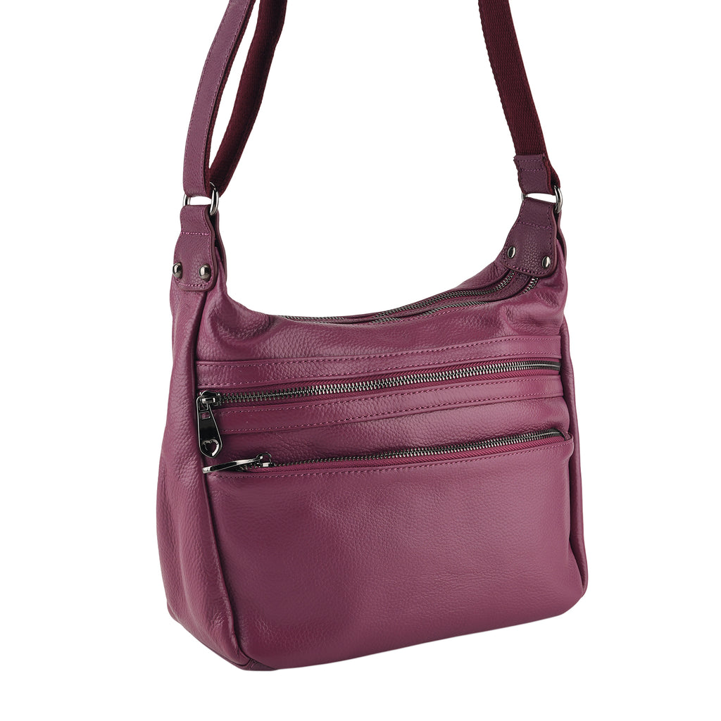 Genuine Leather Multi Pocket Crossbody Bag - Tyrian Purple_8615768_7