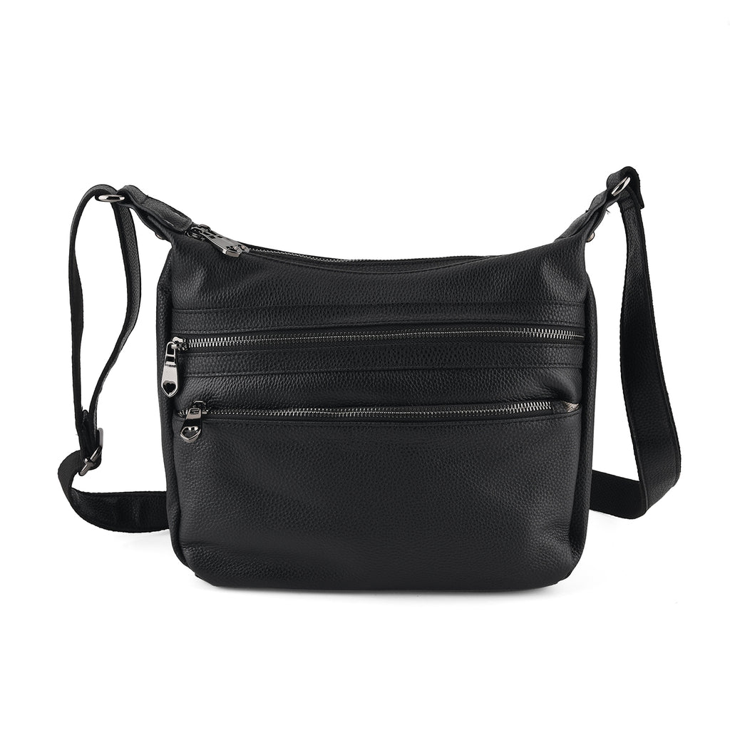 Genuine Leather Multi Pocket Crossbody Bag - Black_8615770