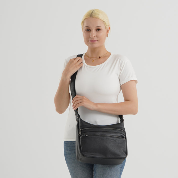 Genuine Leather Multi Pocket Crossbody Bag - Black V32616867 2