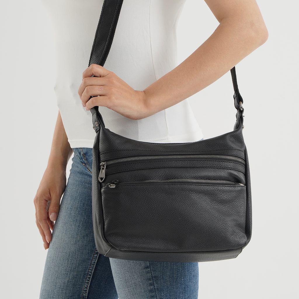 Genuine Leather Multi Pocket Crossbody Bag - Black_8615770_3
