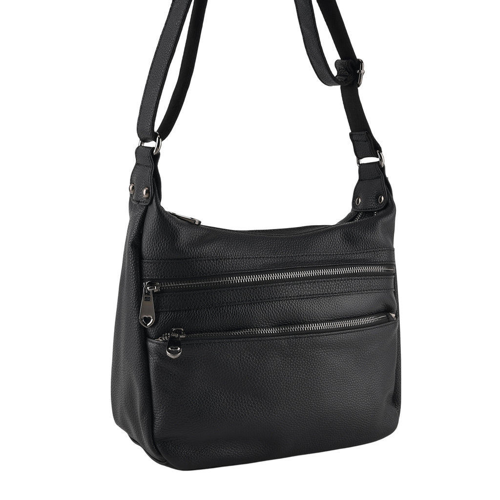 Genuine Leather Multi Pocket Crossbody Bag - Black_8615770_7