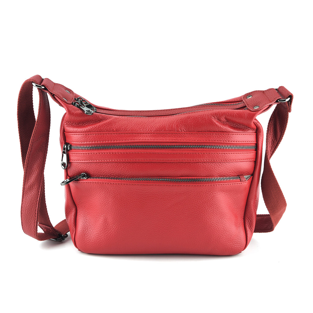 Genuine Leather Multi Pocket Crossbody Bag - Red_8615771