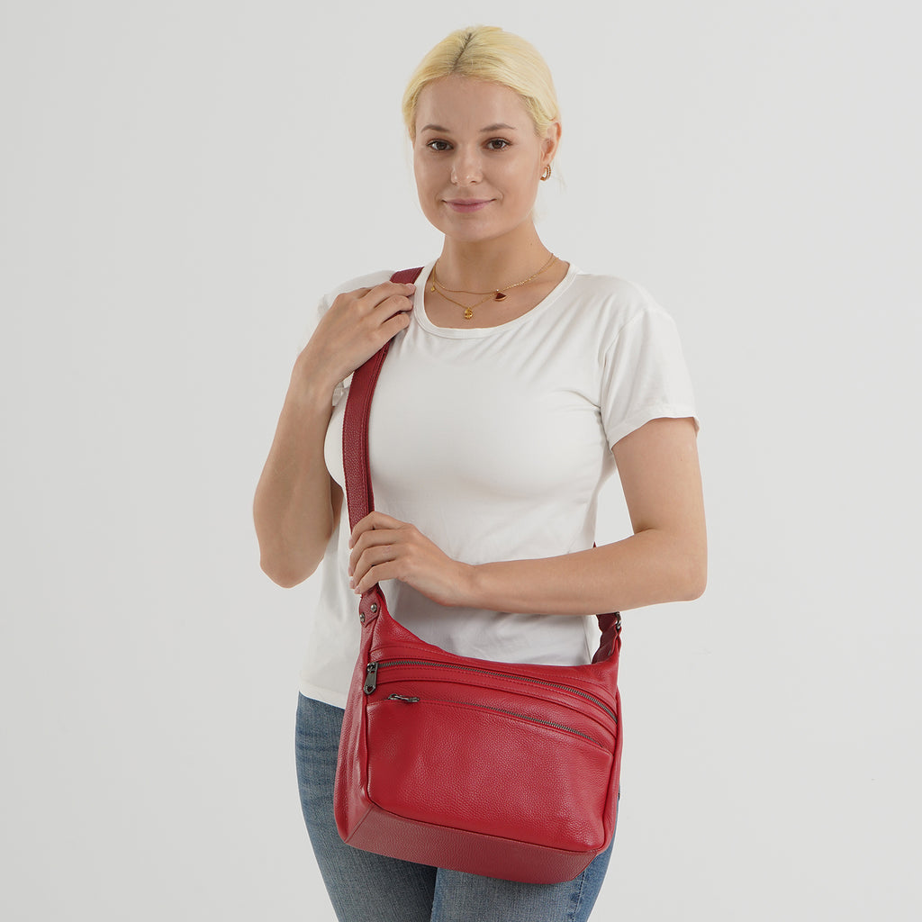 Genuine Leather Multi Pocket Crossbody Bag - Red_8615771_2