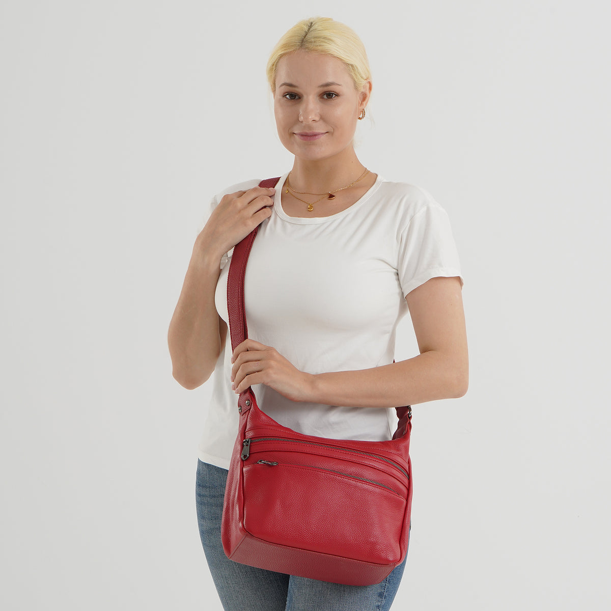 Genuine Leather Multi Pocket Crossbody Bag - Red V32514478 2