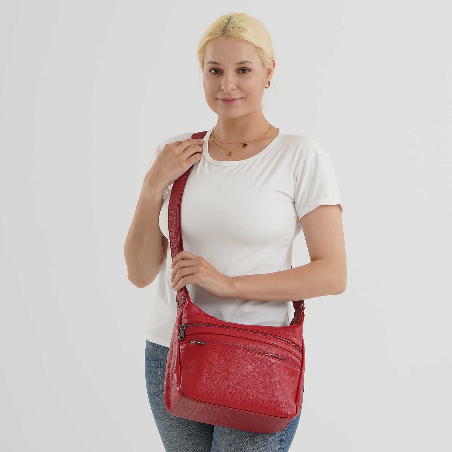 Genuine Leather Multi Pocket Crossbody Bag - Red V32514478 2