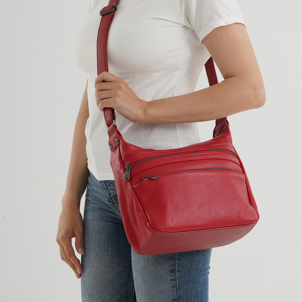 Genuine Leather Multi Pocket Crossbody Bag - Red_8615771_3