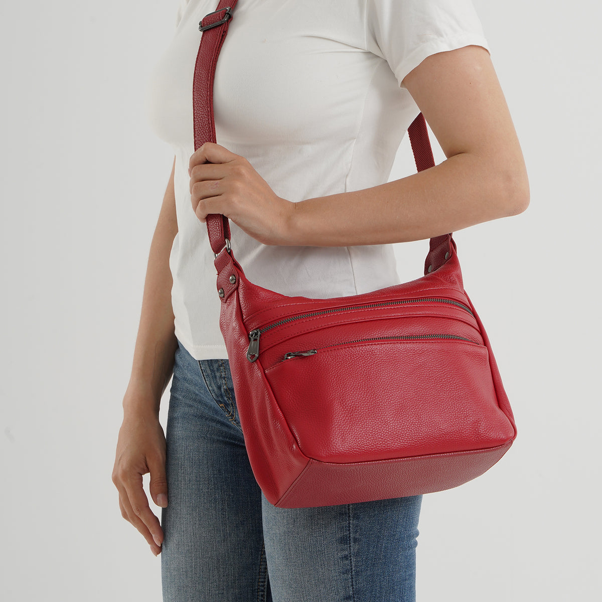 Genuine Leather Multi Pocket Crossbody Bag - Red V32514478 3