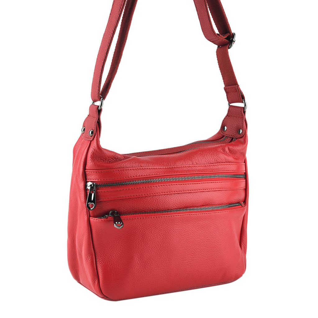 Genuine Leather Multi Pocket Crossbody Bag - Red_8615771_7