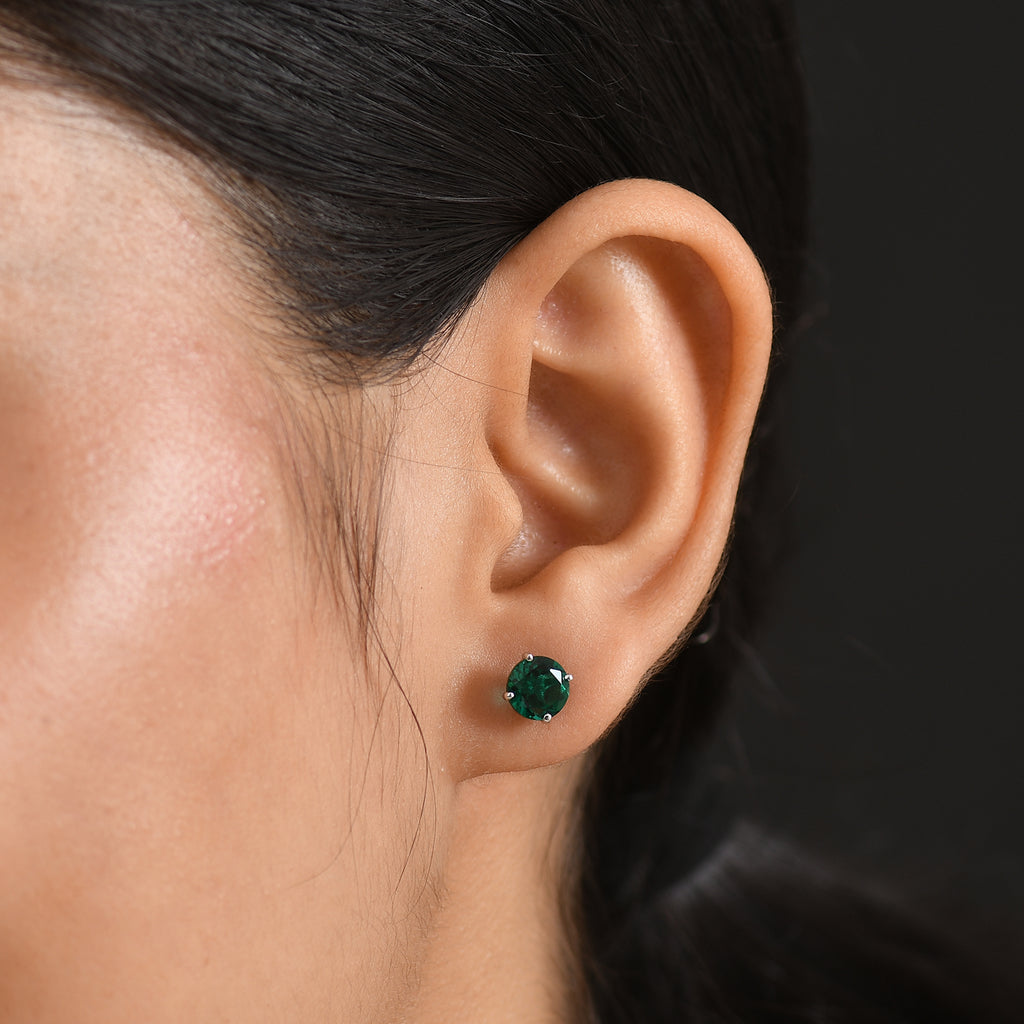 Luxuriant - Lab Grown Emerald Solitaire Stud Push Post Earring in Rhodium Overlay Sterling Silver 2.00 Ct._8615836_1