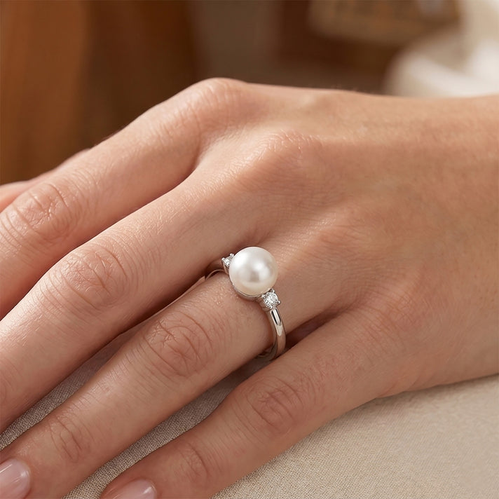 D'Joy - Premium White Edison Pearl (10-11mm) &amp; Lab Grown Diamond Trilogy Ring in Rhodium Overlay Sterling Silver 7.80 Ct. 8615904 2
