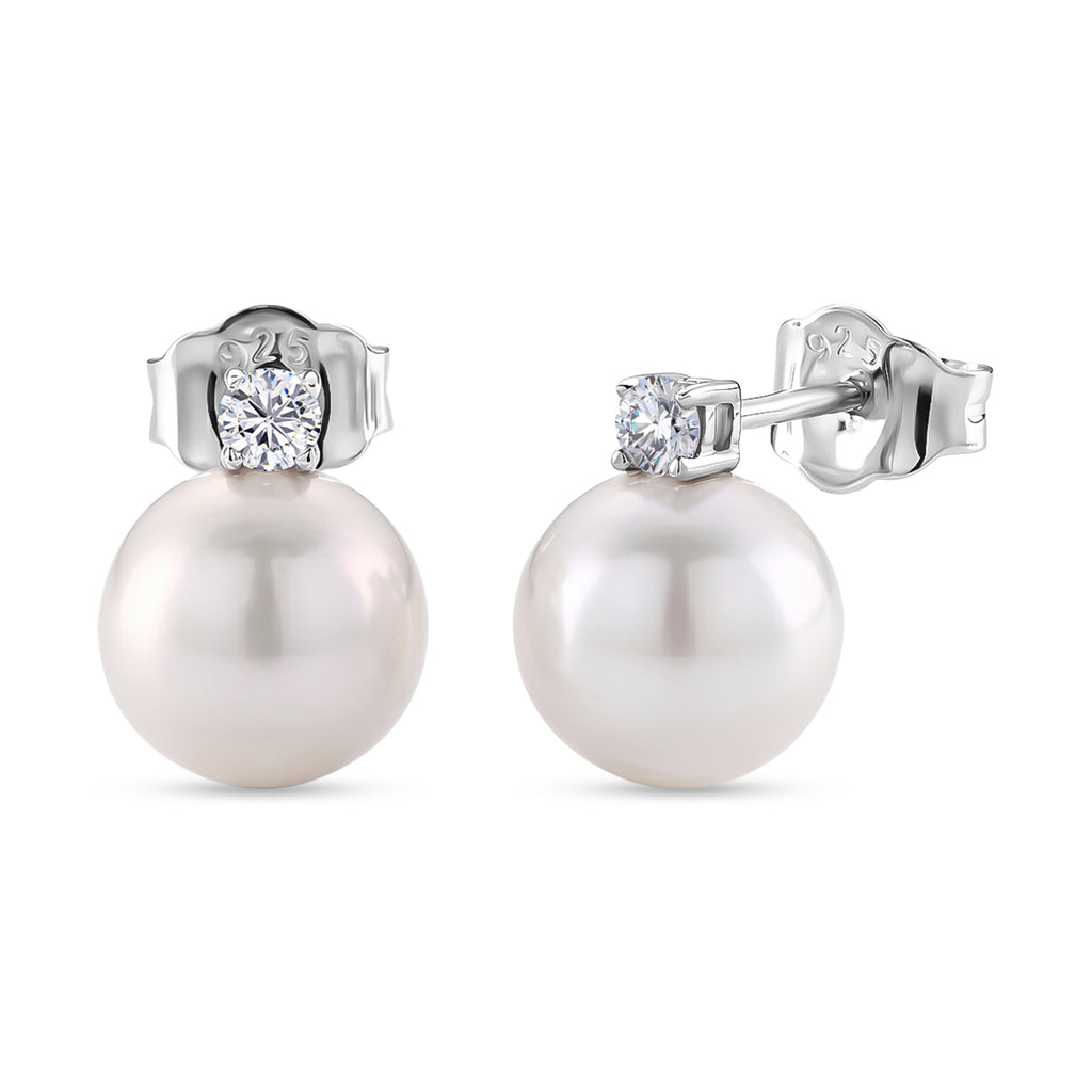 D'Joy - Premium White Edison Pearl (10-11mm) & Lab Grown Diamond Ball Drop Earring with Push Back in Rhodium Overlay Sterling Silver 15.80 Ct._8615925