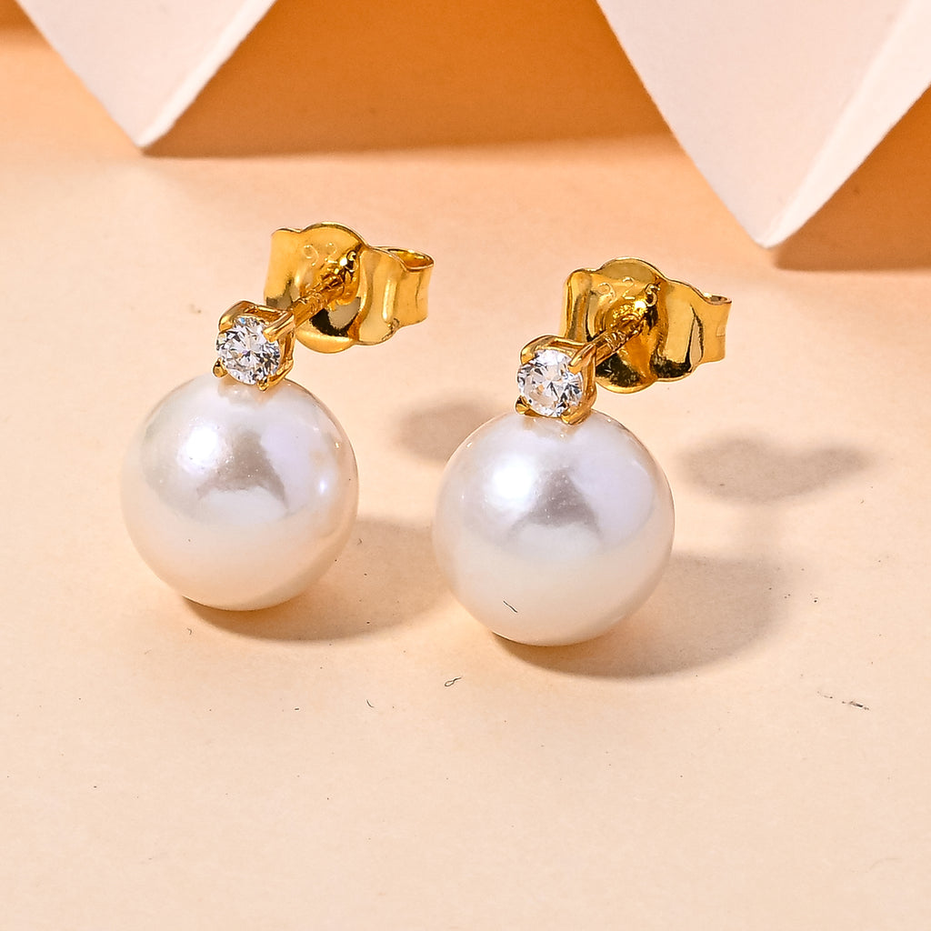 D'Joy - Premium White Edison Pearl (10-11mm) & Lab Grown Diamond Ball Drop Earring with Push Back in Yellow Gold Plated Sterling Silver_8615926_2