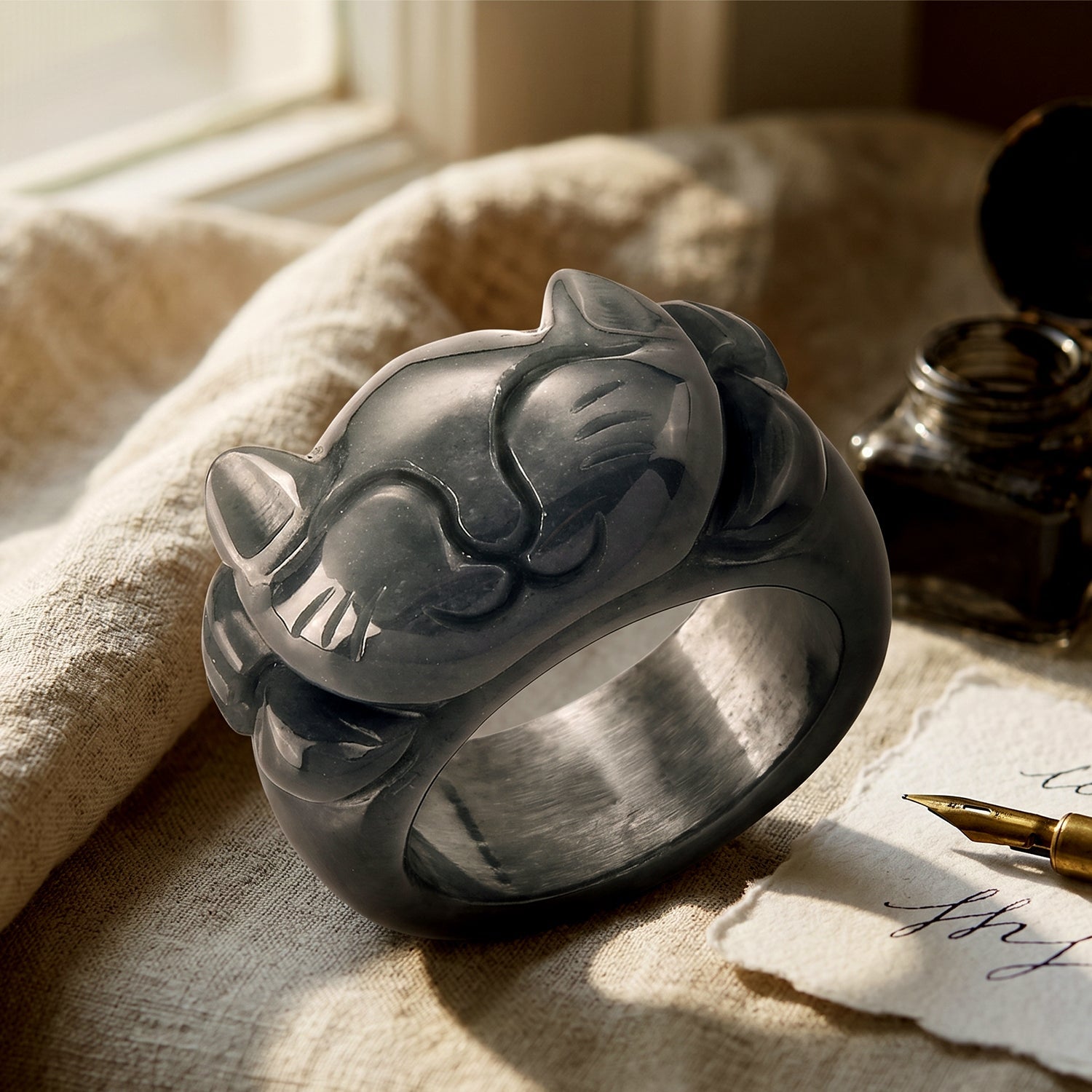Natural Jade Maneki-Neko Ring (Size - Q) 30.00 Ct. V32349991 3