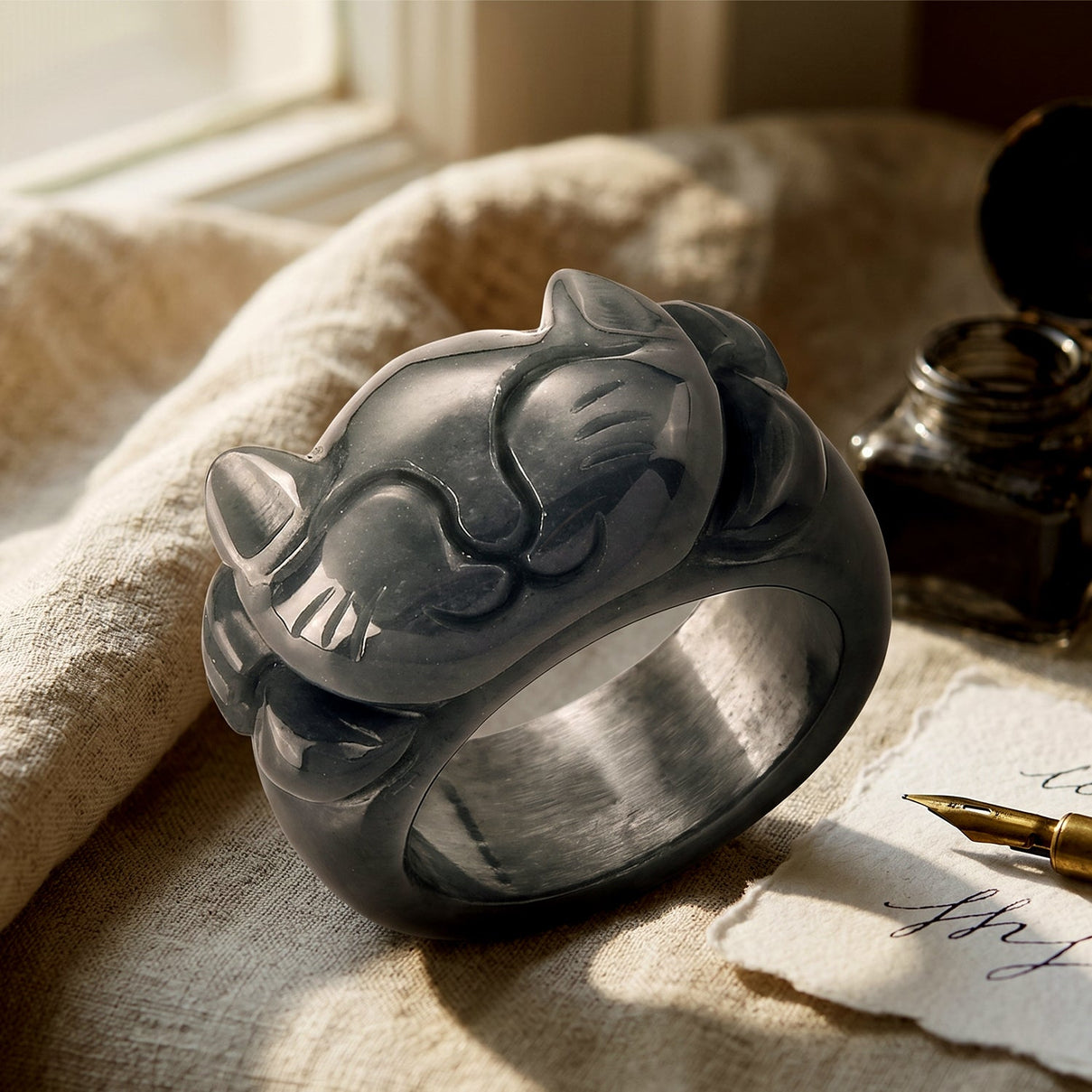Natural Jade Maneki-Neko Ring (Size - Q) 30.00 Ct. V32363381 3