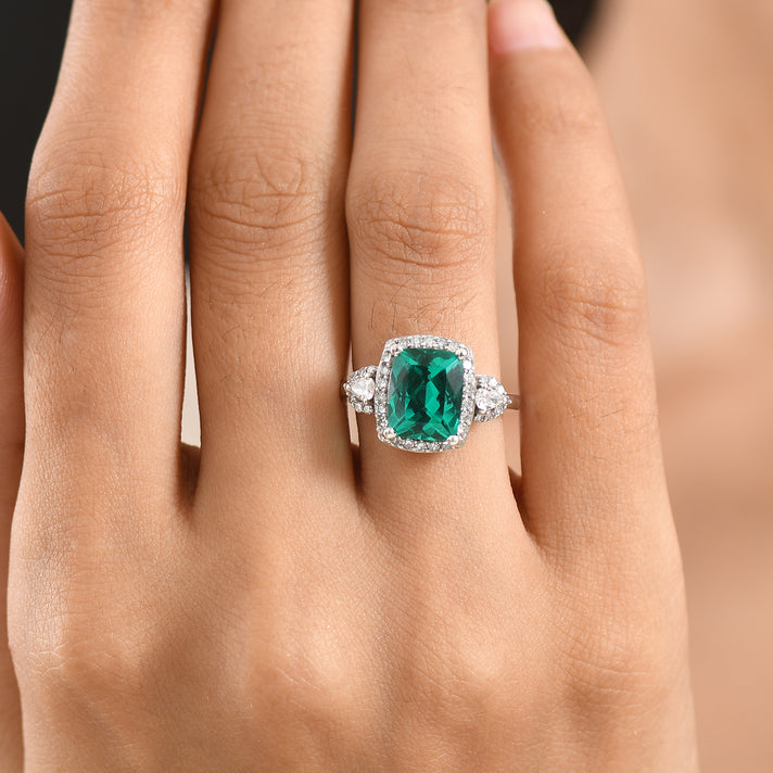 Close Out Deal-  AAA Lab Grown  Colombian Emerald &amp; Lab Grown Diamond (SI-G-H) Halo Ring in Rhodium Overlay Sterling Silver 3.50 Ct. 8616235 2