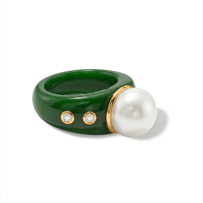 D'Joy - Premium White Edison Pearl (12-13mm), Dyed Green Jade &amp; Lab Grown Diamond Ring in Yellow Gold Plated Sterling Silver 45.10 Ct. 8616248 1