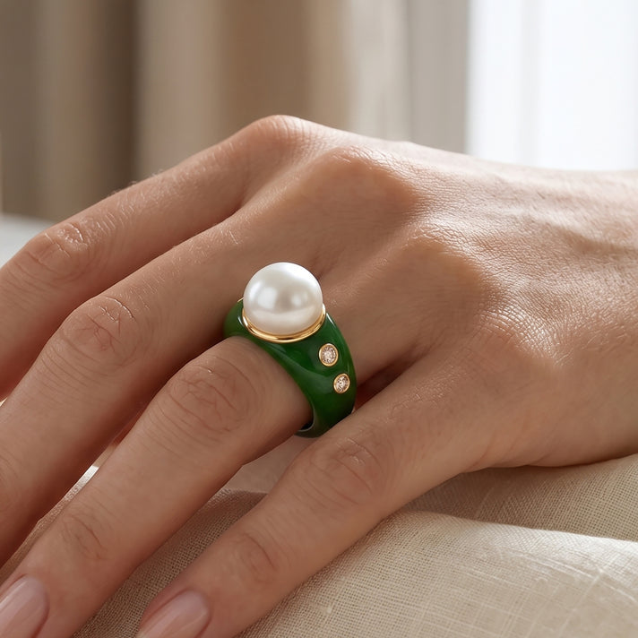 D'Joy - Premium White Edison Pearl (12-13mm), Dyed Green Jade &amp; Lab Grown Diamond Ring in Yellow Gold Plated Sterling Silver 45.10 Ct. 8616248 2