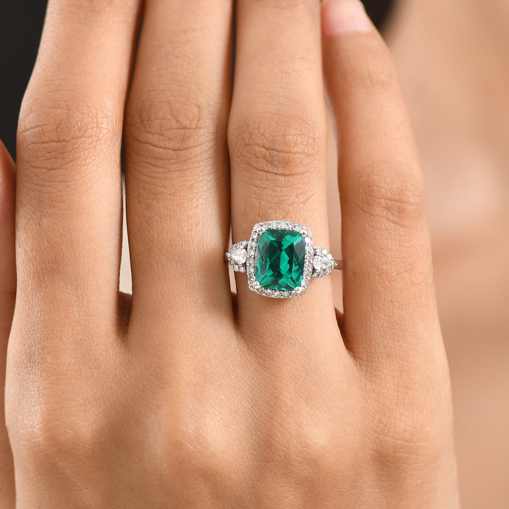 Close Out Deal-  AAA Lab Grown  Colombian Emerald & Lab Grown Diamond (SI/G-H) Halo Ring in Rhodium Overlay Sterling Silver 3.50 Ct._8616251_1