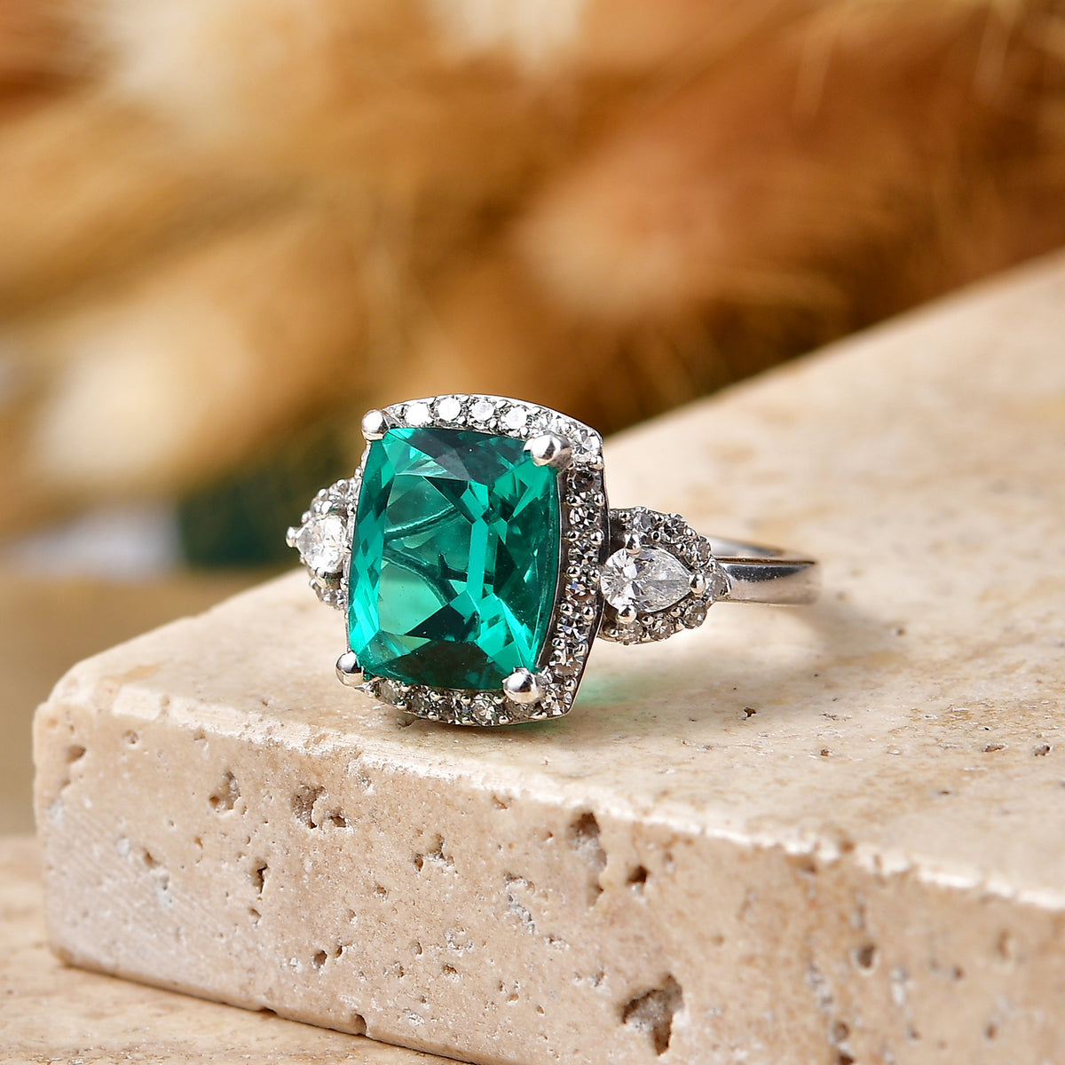 Close Out Deal-  AAA Lab Grown  Colombian Emerald &amp; Lab Grown Diamond (SI/G-H) Halo Ring in Rhodium Overlay Sterling Silver 3.50 Ct. V32522742 3
