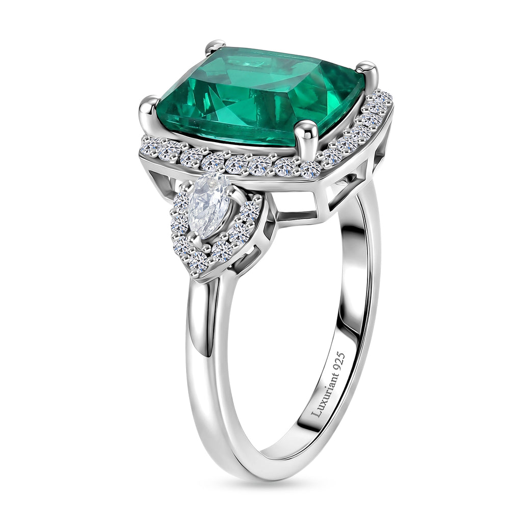 Close Out Deal-  AAA Lab Grown  Colombian Emerald & Lab Grown Diamond (SI/G-H) Halo Ring in Rhodium Overlay Sterling Silver 3.50 Ct._8616251_3