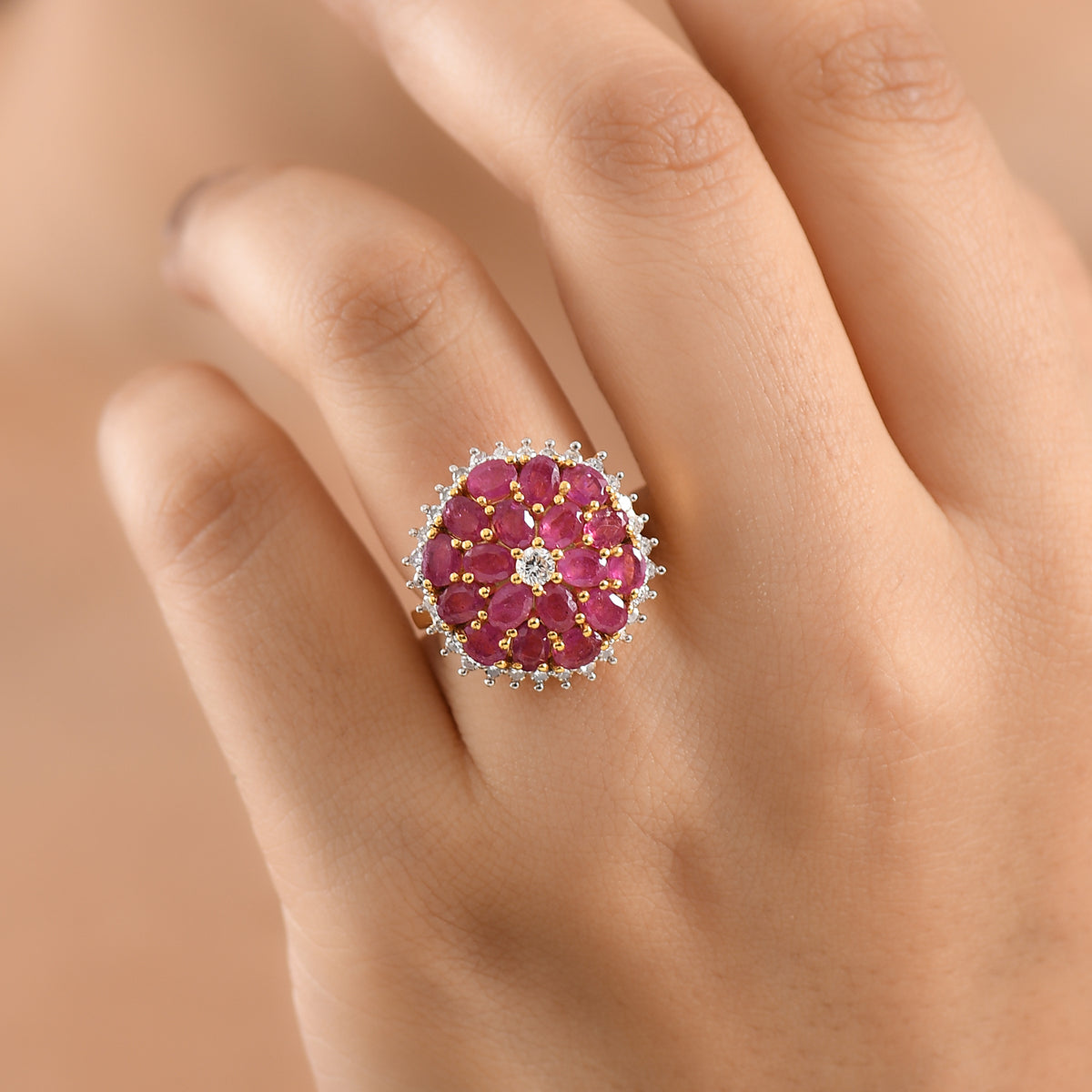AAA African Ruby &amp; Lab Grown Diamond (SI/G-H) Floral Cluster Ring in 18K Vermeil Yellow Gold Plated Sterling Silver 5.62 Ct. V32602958 2