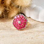 JARDIN COLLECTION - AAA African Ruby & Lab Grown Diamond (SI/G-H) Floral Cluster Ring in 18K Vermeil Yellow Gold Plated Sterling Silver 5.62 Ct._8616288_2