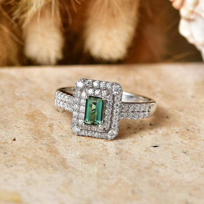 Certified and Appraised D'Joy Lagoon Tourmaline, Moissanite Main Stone With Surrounding Stone Ring in Rhodium Overlay Sterling Silver 1.390 Ct. 8616715 2