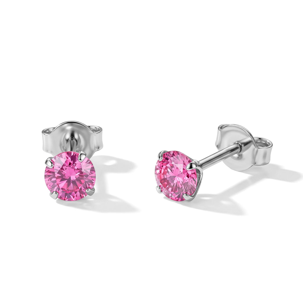 D'Joy - Pink Moissanite Solitaire Stud Push Post Earring in Rhodium Overlay Sterling Silver_8616865