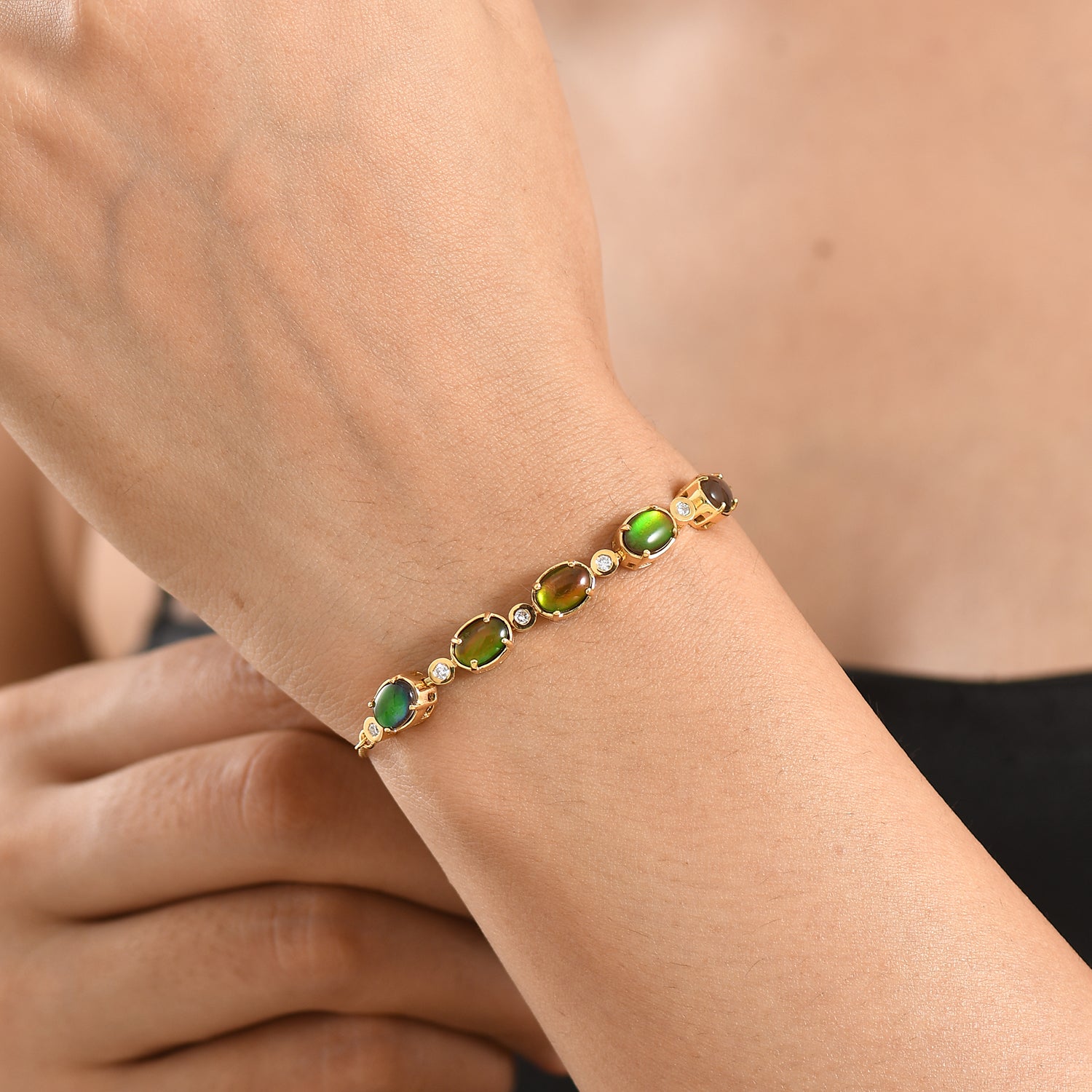 Luxuriant - Ammolite &amp; Lab Grown Diamond (SI-G-H) Adjustable Bracelet (Size - 10.5) in 18K Vermeil Yellow Gold Plated Sterling Silver 4.50 Ct. 8617214 2