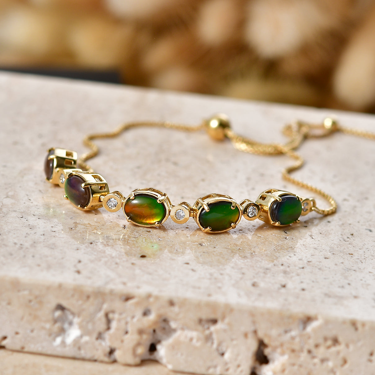 Luxuriant - Ammolite &amp; Lab Grown Diamond (SI-G-H) Adjustable Bracelet (Size - 10.5) in 18K Vermeil Yellow Gold Plated Sterling Silver 4.50 Ct. 8617214 3