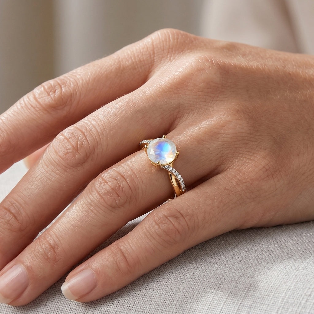 D'Joy - Rainbow Moonstone & Moissanite Ring in 18K Vermeil Yellow Gold Plated Sterling Silver 1.40 Ct.