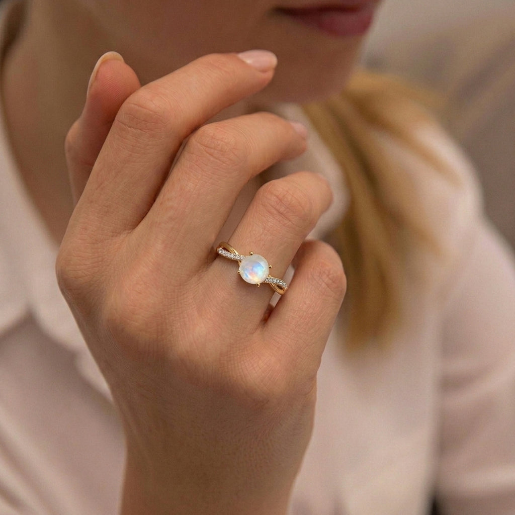 D'Joy - Rainbow Moonstone & Moissanite Ring in 18K Vermeil Yellow Gold Plated Sterling Silver 1.40 Ct._8617233_3