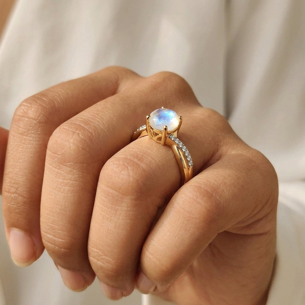 D'Joy - Rainbow Moonstone & Moissanite Ring in 18K Vermeil Yellow Gold Plated Sterling Silver 1.40 Ct._8617233_4