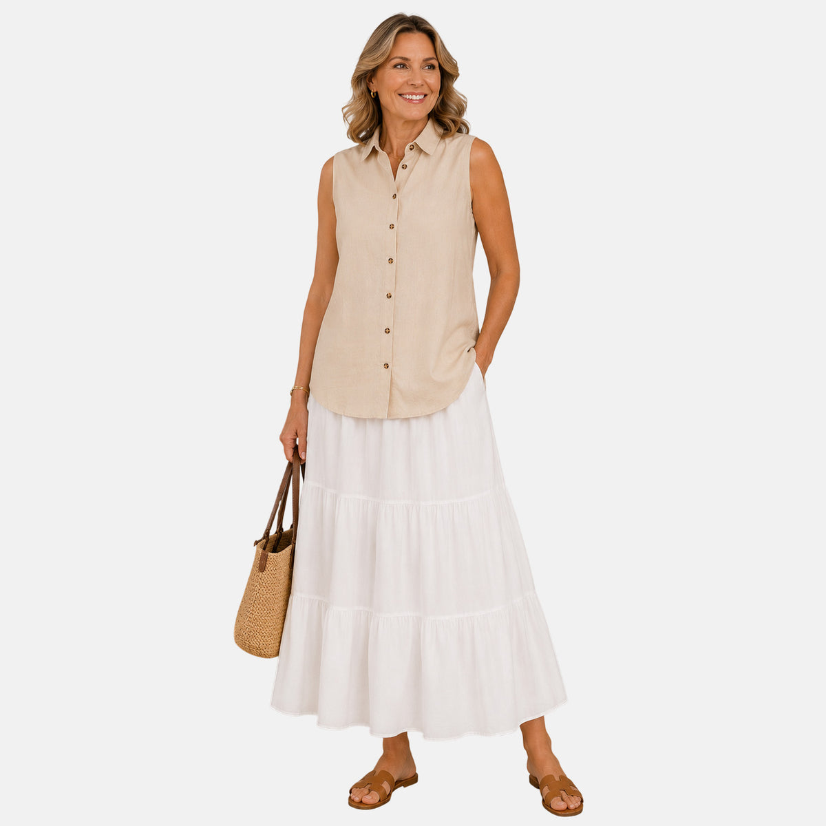 Charlotte West Womens Sleeveless Button-Down Top (Size 10) - Beige V32562519 0