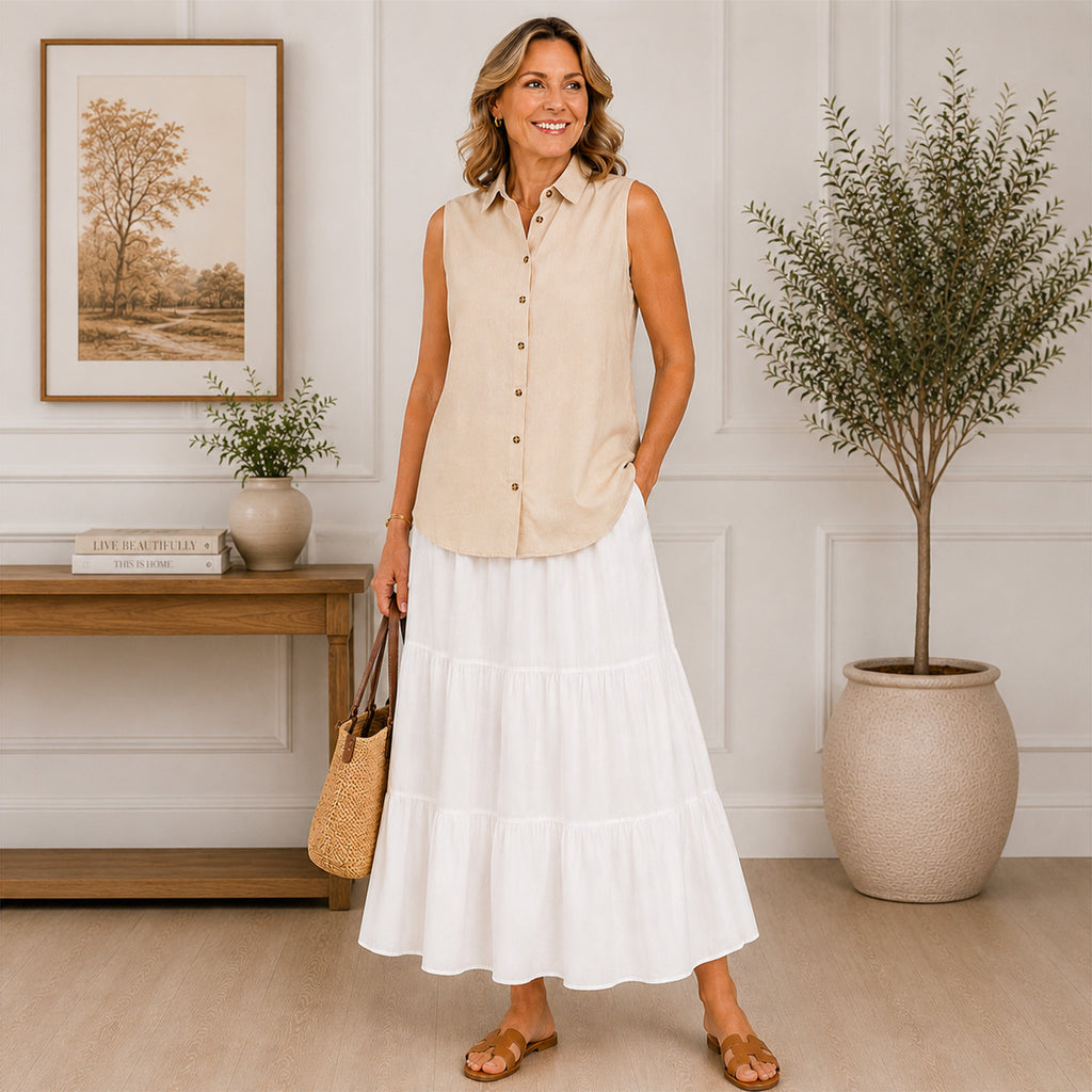 Charlotte West Womens Sleeveless Button-Down Top (Size 18) - Beige_8617306_1
