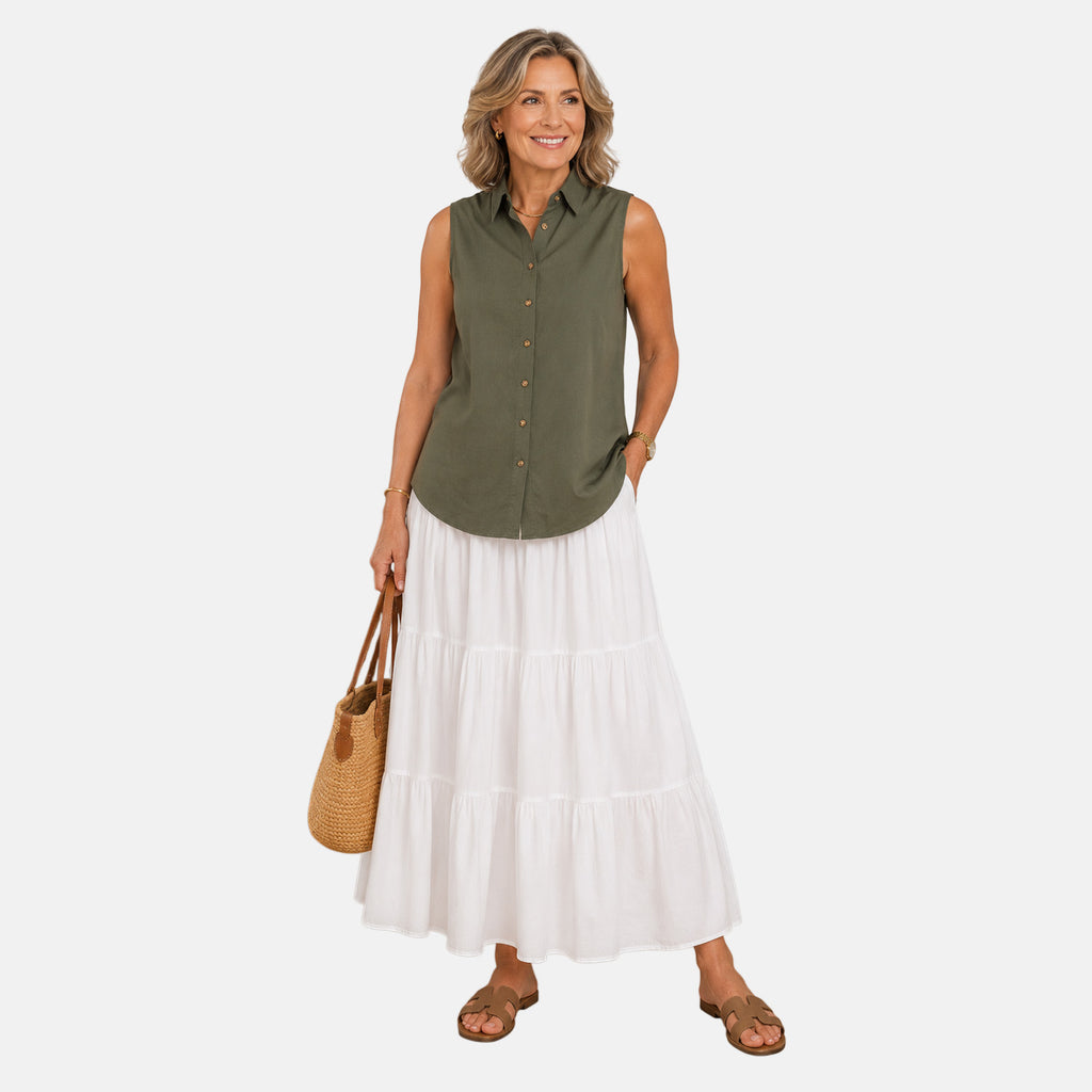 Charlotte West Womens Sleeveless Button-Down Top (Size 14) - Khaki_8617316