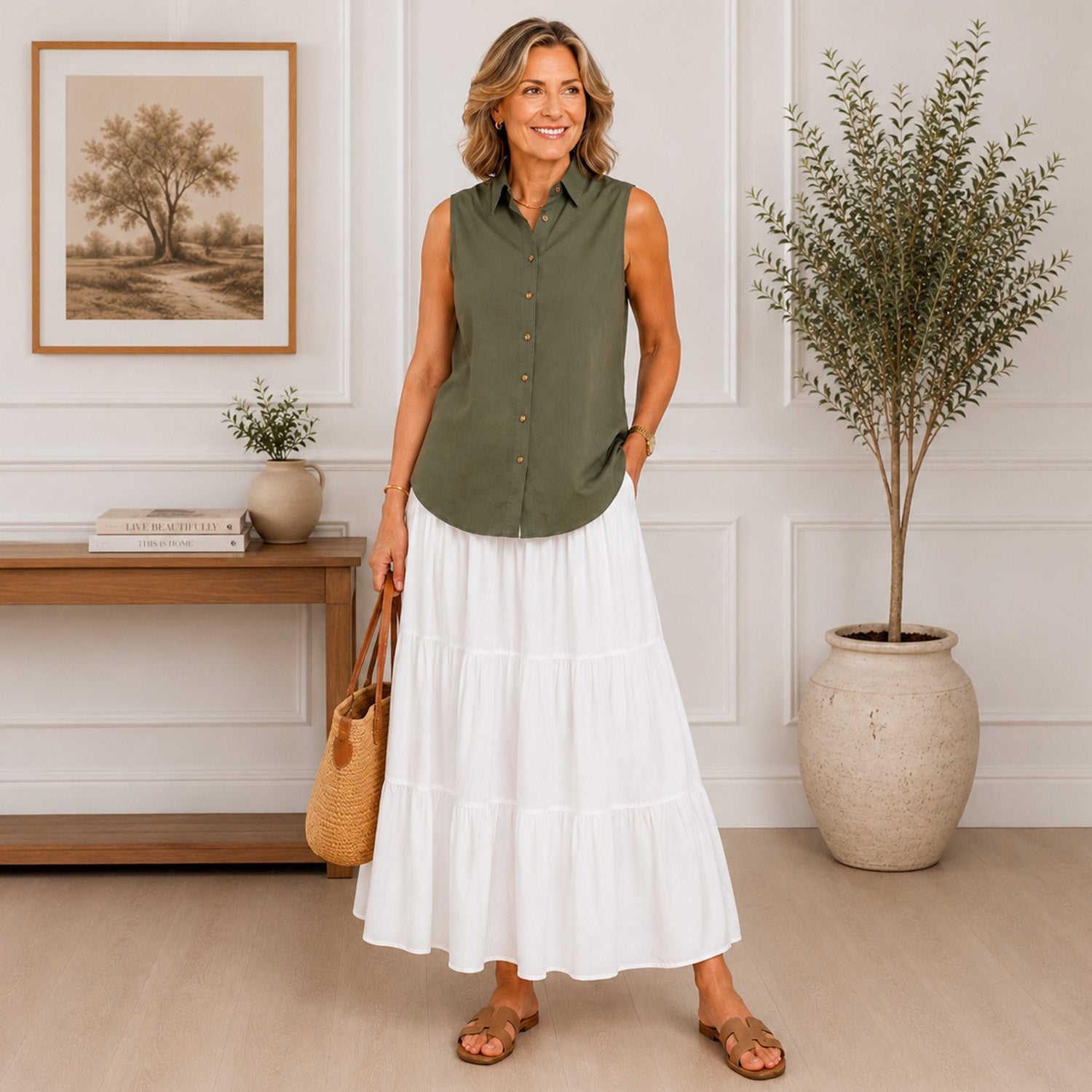 Charlotte West Womens Sleeveless Button-Down Top (Size 14) - Khaki V32527606 1