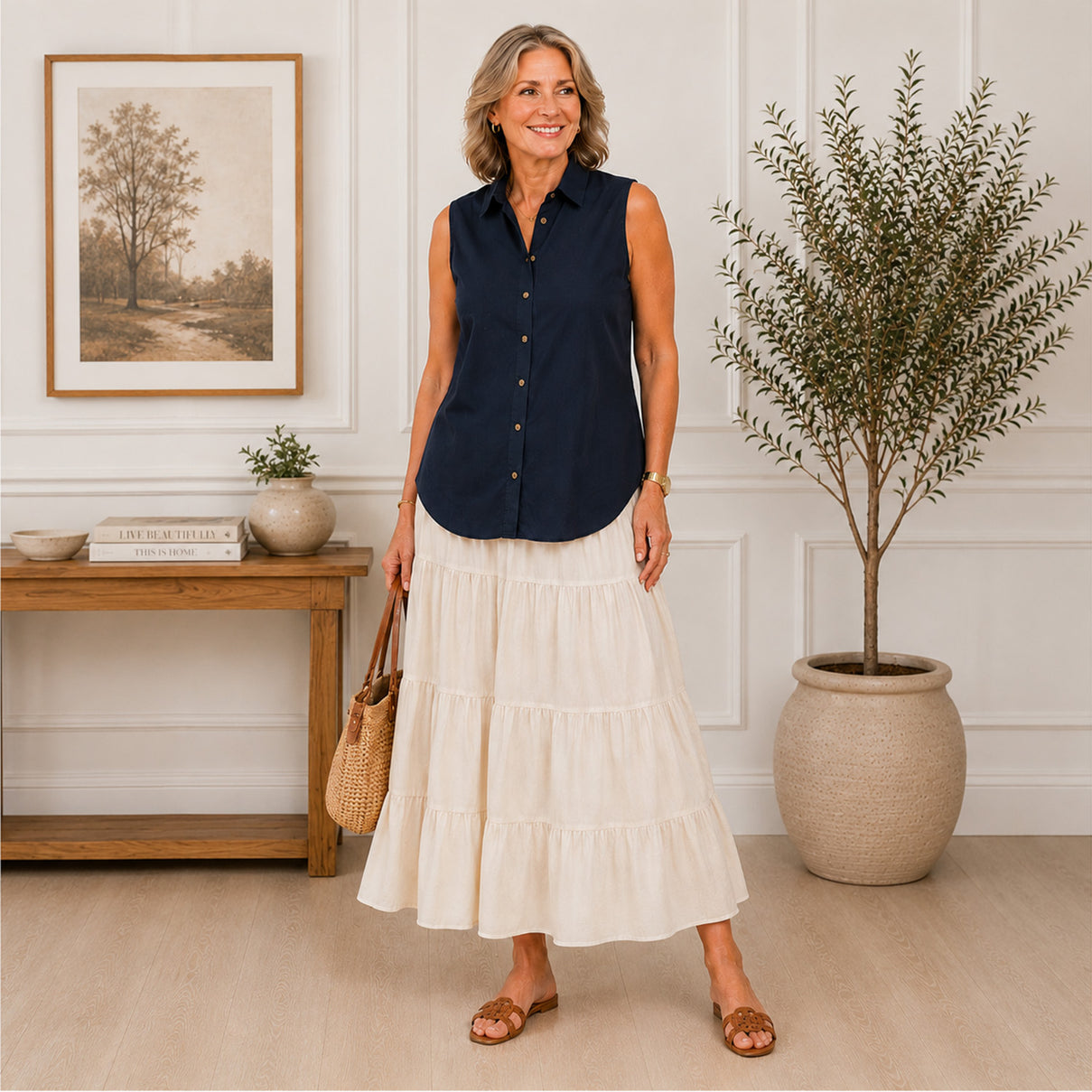 Charlotte West Womens Sleeveless Button-Down Top (Size 14) - Navy 8617322 1