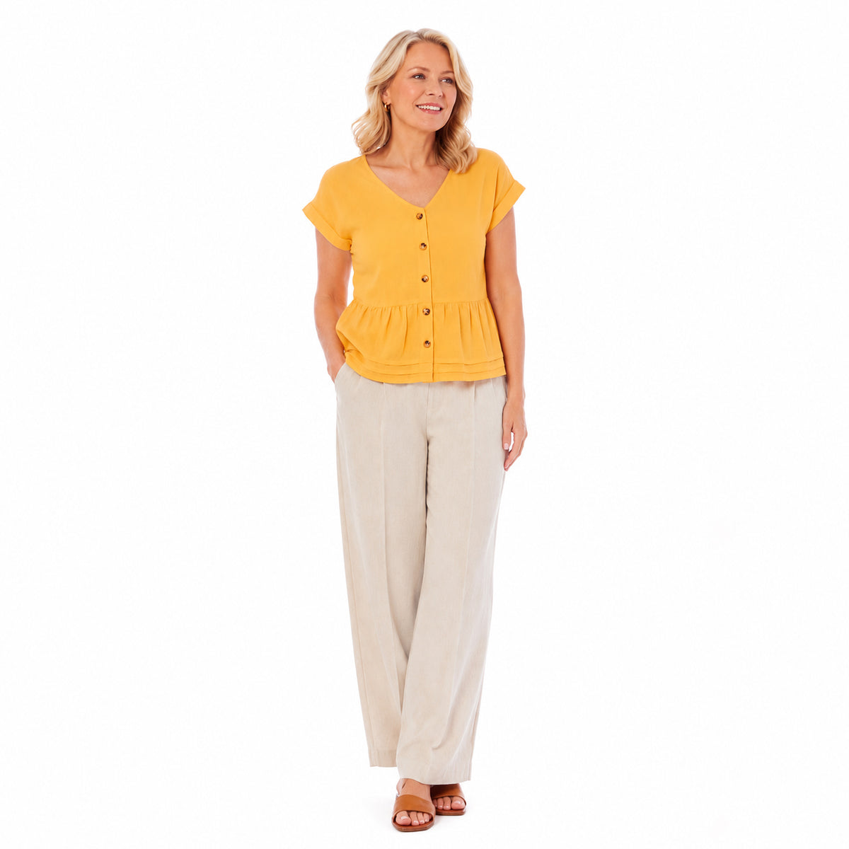 Charlotte West Button Front Peplum Top (Size 18) - Lemon V32654340 0