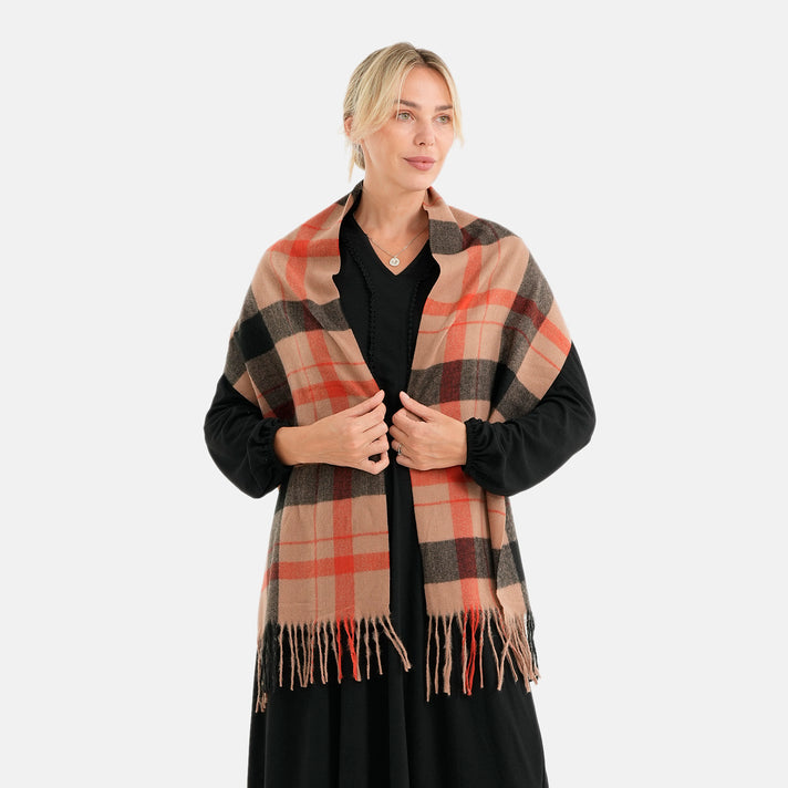 La Marey Women's Lightweight Checkered Tassel Scarf (178 x 32cm) - Beige 8617474 1